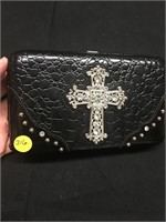 Cross on Faux Black Leather Card Holder