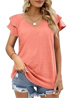 C724  Mifater Summer Chic Tee, V Neck Ruffle, Pink