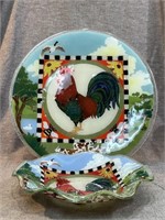 Peggy Karr Fused Glass Rooster Platter & Bowl