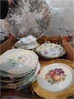 glassware lot, plates, tray, amber sauce dishes,