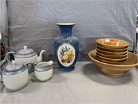 Tea Dishes, Vase, and Wooden Bowls