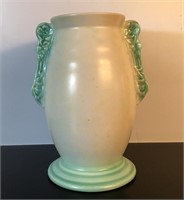 ENGLISH ART POTTERY VASE CREAM GREEN HANDLES