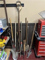 LOT OF HAND TOOLS INCLUDING SHOVELS, PITCH FORK,