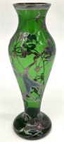 Art Nouveau Sterling Overlay Green Glass Vase