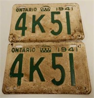 1941 ONTARIO PAIR EMBOSSED TIN LICENSE PLATES