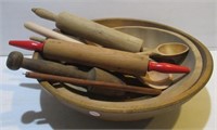 (2) Vintage wood dough bowls with various