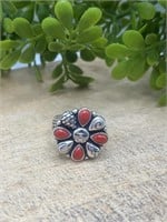 Sterling Coral Sunface Southwestern Ring