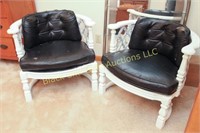 Pair: painted wood and leather arm chairs