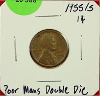 1955/5 Lincoln Cent Poor Mans Double Die VF