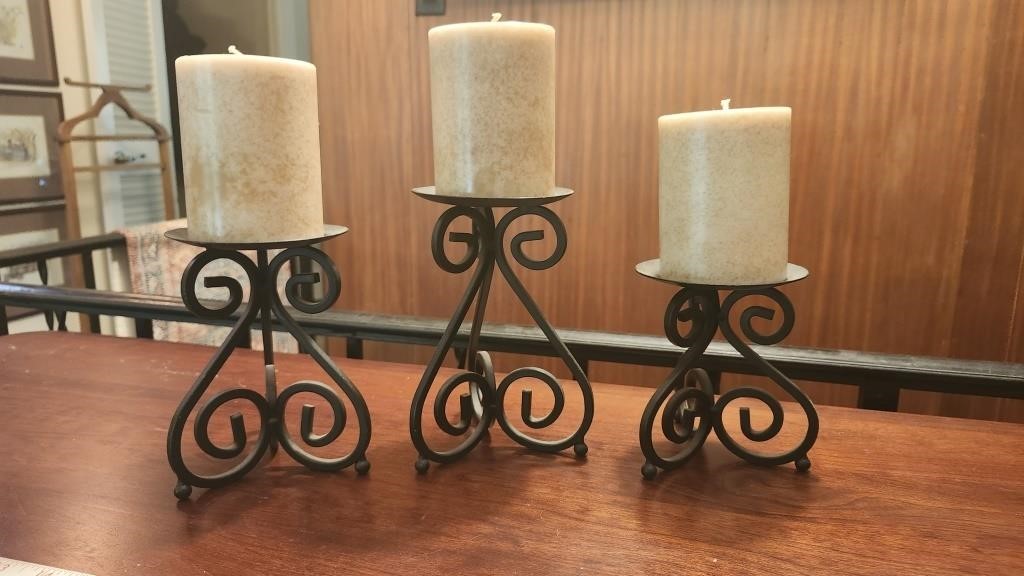 3 Vintage Candle Holders with Candles