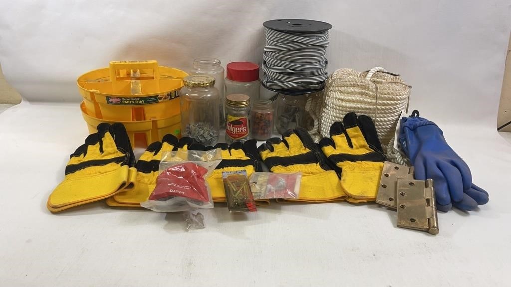 Leather work gloves Glass Jars Nuts and Bolts Rope