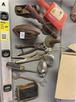 Lot, vintage tools, headlights, model T battery