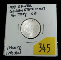 Indian Head 1/10 Troy oz. .999 Fine silver round,
