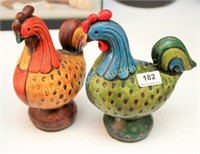 Pair colorful ceramic 9" roosters