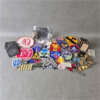 Collection of Military Patches, Pins & Collar Disc