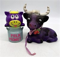 Purple Cow Milk Money Bank Vtg Japan & Flocked Bul