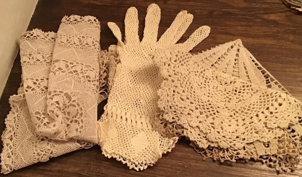 VINTAGE CROCHET GLOVES AND DOILIES