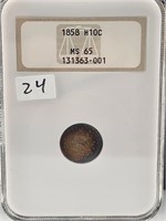 1858 Half Dime NGC MS65 Toned