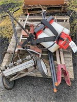 Mower, sprayer,trimmers,misc lawn tools on pallet