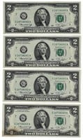 4- 1976 $2 Dollar Bills- Sequential  SN Quad 7