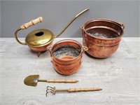 Copper + Brass Planters, Watering Can & Tools