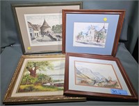 4 FRAMED WATERCOLOR, OIL PAINTING, & PRINTS