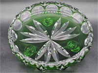 Bohemian Glass Green Cut to Clear Footed Bowl