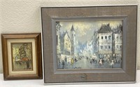 2pc Framed Oil Paintings: European Cityscape