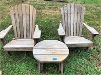 Pair of Wood Adirondack Chairs & Table