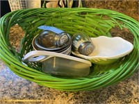 Basket with salt and pepper shakers, bowl, cheese