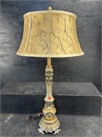 CARVED RESIN TABLE LAMP WITH SILK SHADE