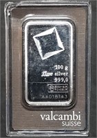 Valcambi Suisse 100 Gram Silver Bar in Clamshell