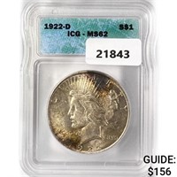 1922-D Silver Peace Dollar ICG MS62