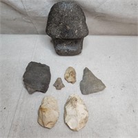 Native American grooved axe & arrowheads