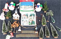 CHRISTMAS VILLAGE ACCESSORIES TREES SNOWMAN FENCE