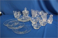 Glass lot, six 6" etched plates, three etched bowl