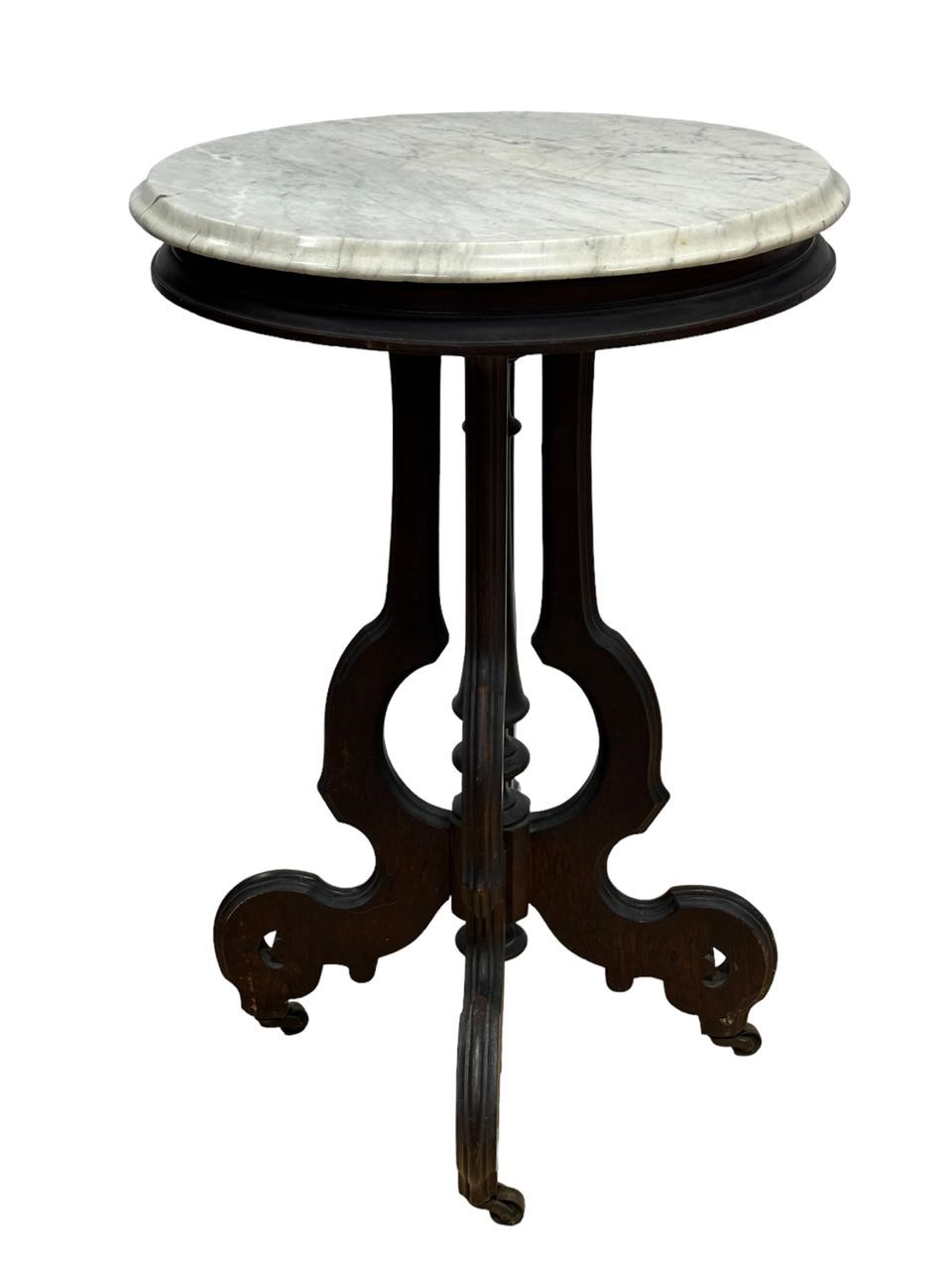 Antique Marble Top Wood Carved Round Side Table