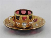 Moser cranberry cup & saucer w/applied flowers
