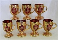 Set of 7 Moser cranberry decorated 4 1/4" mugs