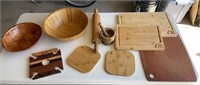 Box of wooden bowls, cutting boards, rolling pin,