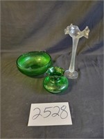 Green Glass Items & Clear Glass Vase.