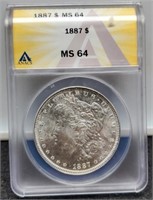 1887 Slab Morgan Silver Dollar ANACS MS64