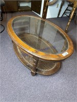 OVAL WOOD COFFEE TABLE W/ GLASS TOP, 42WX28DX18T,