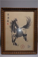 FRAMED INK ON PAPER OF RUNNING HORSE