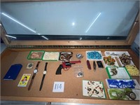 MIXED LOT OF JEWELRY, COINS. KNIVES ETC