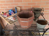 Wood flower pot, basket w contents, metal flower