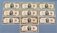 10pc. Red Seal $5 & $2 Bills