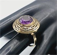 STUNNING 18K Yellow Gold Amethyst Greek Key Ring