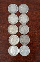 (10) Roosevelt Silver Dimes, 1940s - 1964