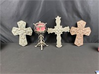 Tall hammered metal candlestick and 3 crucifixes